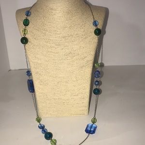 Plastic necklace blue green beads faceted silver chain light weight casual
